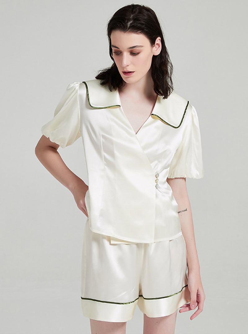 19 Momme Summer Female V-Neck Puff Sleeves Cute Sweet Casual White Short-Sleeved Shorts Two-Piece Set