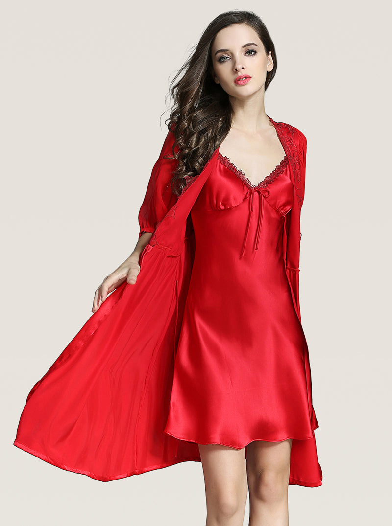 Lace Silk Female Summer Sexy Graceful Slim Solid Color V-Neck Sling Pajamas Long Sleeve Robe