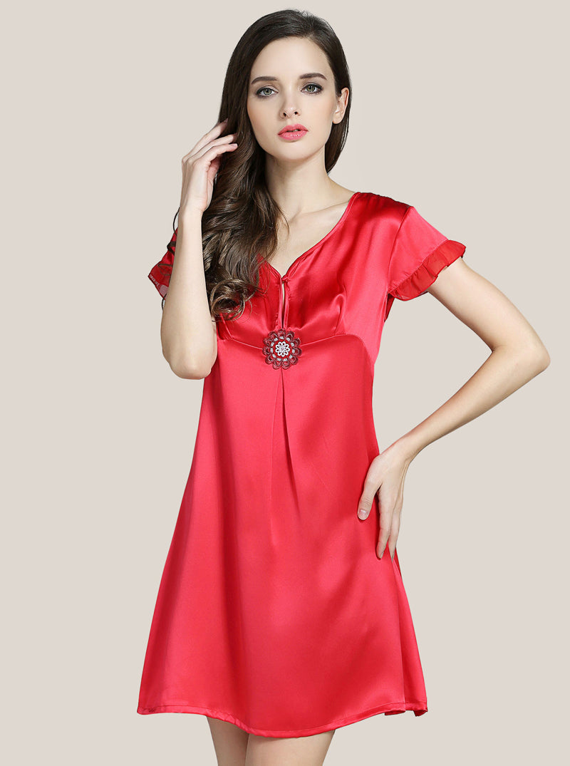 Silk Summer Female V-Neck Ruffled Lace Sexy And Comfortable A-Line Skirt Solid Color Short-Sleeved Nightdress