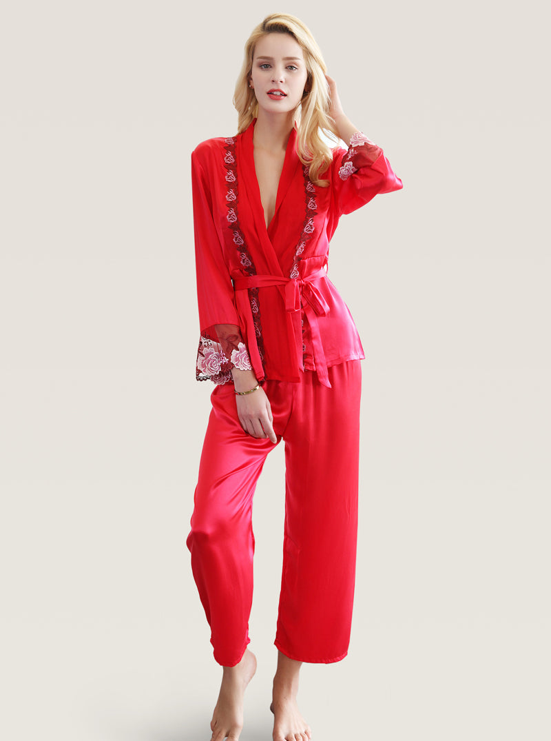 Embroidered Stitching Silk Spring And Autumn Female Solid Color Senior Gorgeous Short Nightgown Trousers Pajamas Two-Piece Set