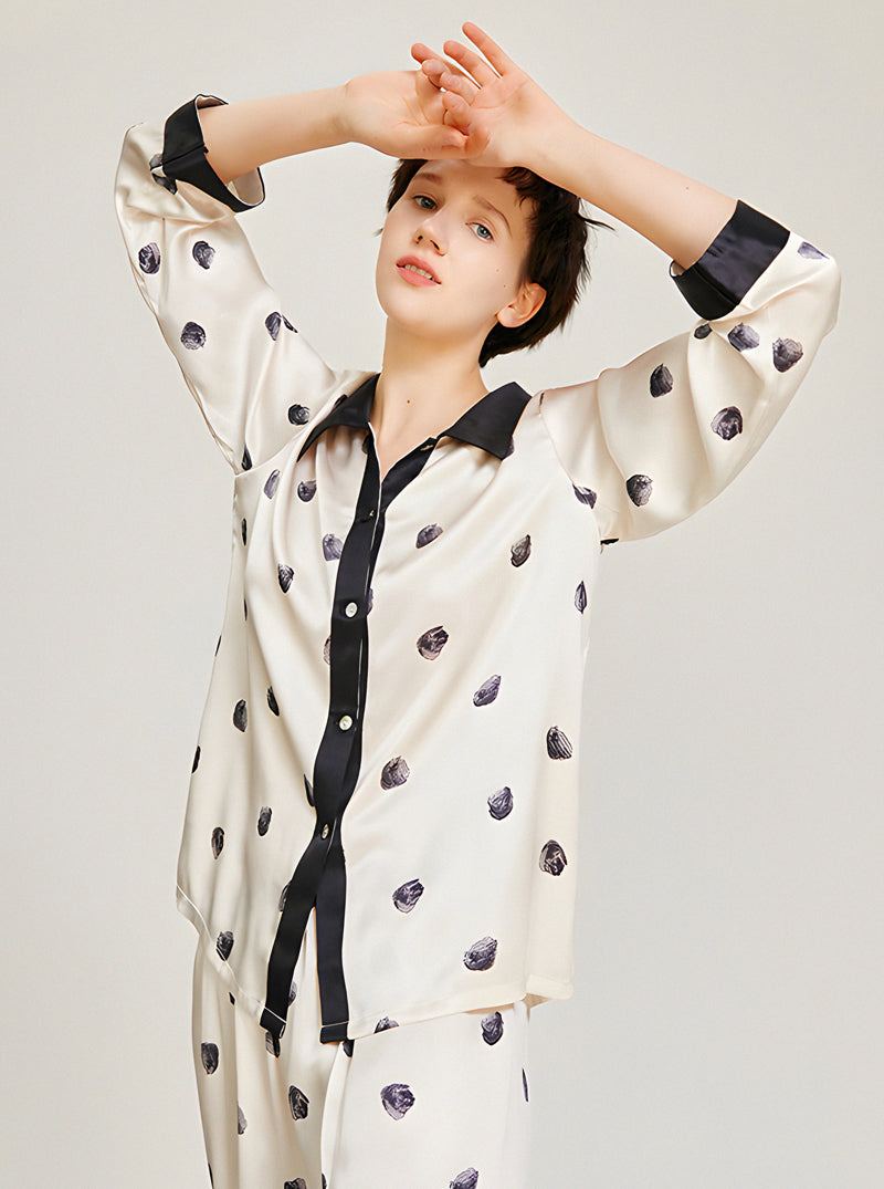 Black And White Polka Dot Pattern Silk Spring And Summer Female Low-Key Simple Retro Shirt Collar Long-Sleeved Pajamas Two-Piece Set