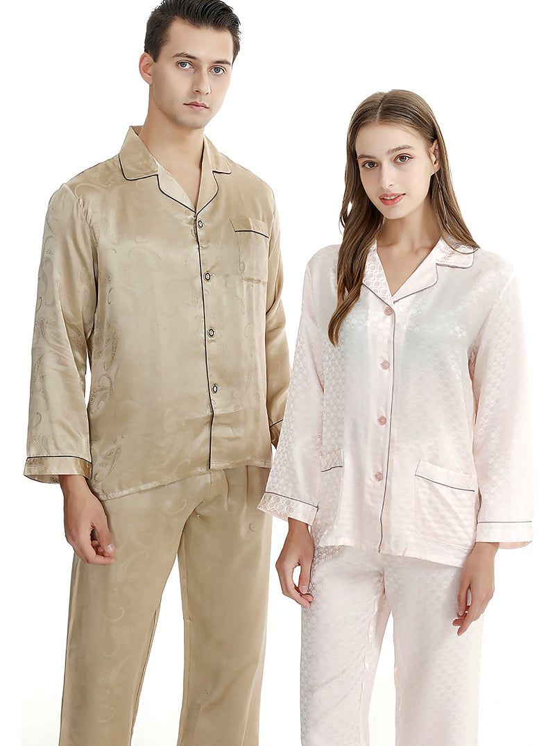 Silk Summer Couple Pajamas Sets Small Lapel Edging Printing Retro Simple Pure Color Long-Sleeved Trousers Casual Two-Piece Home Service