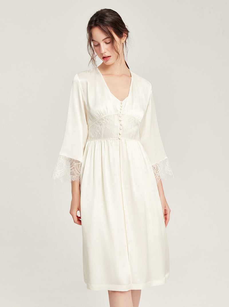 Silk Spring And Autumn Female V-Neck Waist Lace Long-Sleeved Sexy High-End Retro Elegant French Solid Color Pajamas