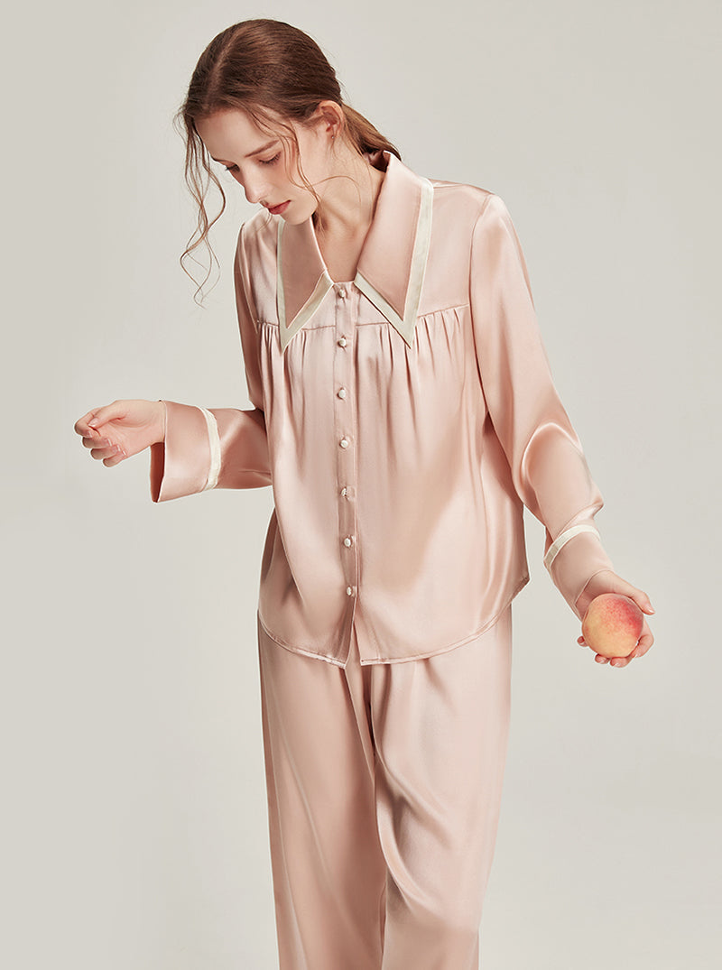 Silk Female Autumn Lapel Stitching Design Simple Fashion Soft Breathable Comfortable Long Sleeve Pajamas Two Pieces Of Solid Color