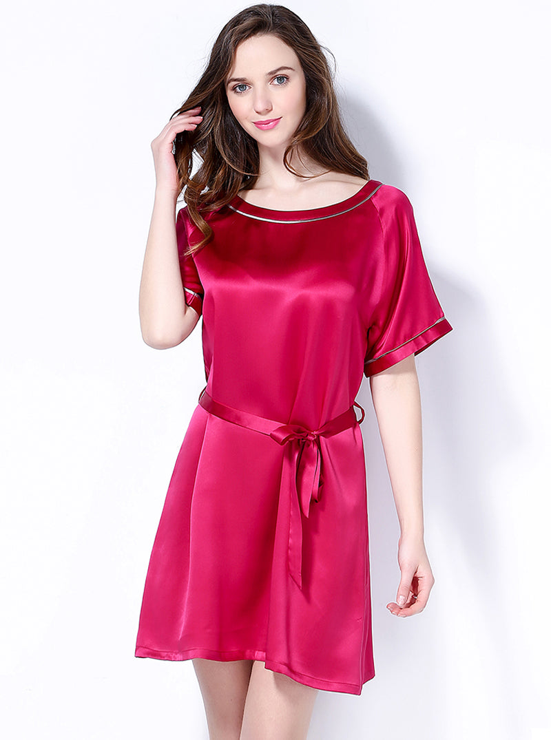 Silk Summer Female Round Neck Short Sleeves Sexy Simple Loose Belt Solid Color Nightdress