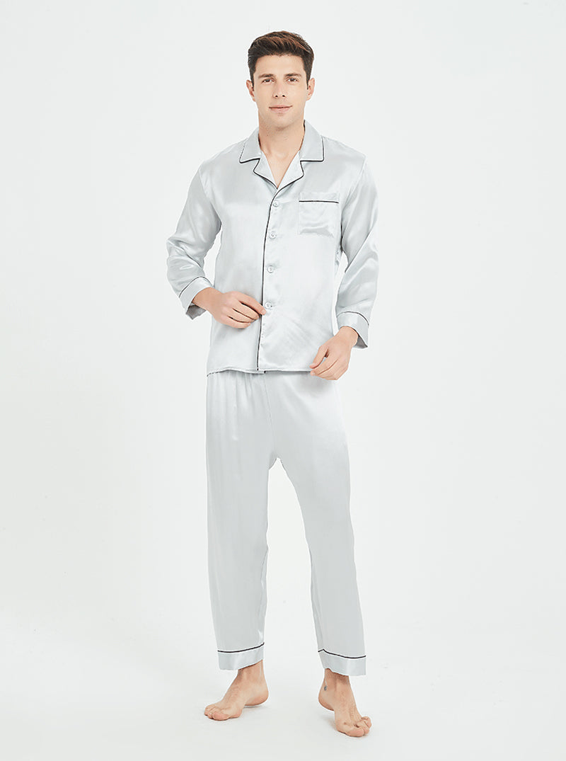 19 Momme Silk Spring And Autumn Male Small Lapel Comfortable And Breathable Classic Version Solid Color Long-Sleeved Trousers Pajamas Two-Piece Set