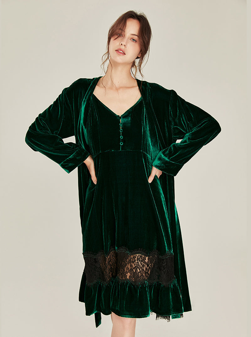 Autumn Winter Silk Velvet Female Medium Length Matching Pajamas V Collar Lace Stitching Hem Slim Sling Nightdress And Night-Robe Set