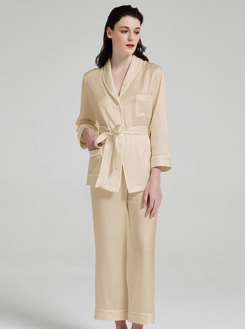 Houndstooth Jacquard 19 Momme Silk Spring And Autumn Female Lapel Elegant And Dignified Solid Color Pajamas Long-Sleeved Trousers Two-Piece Set