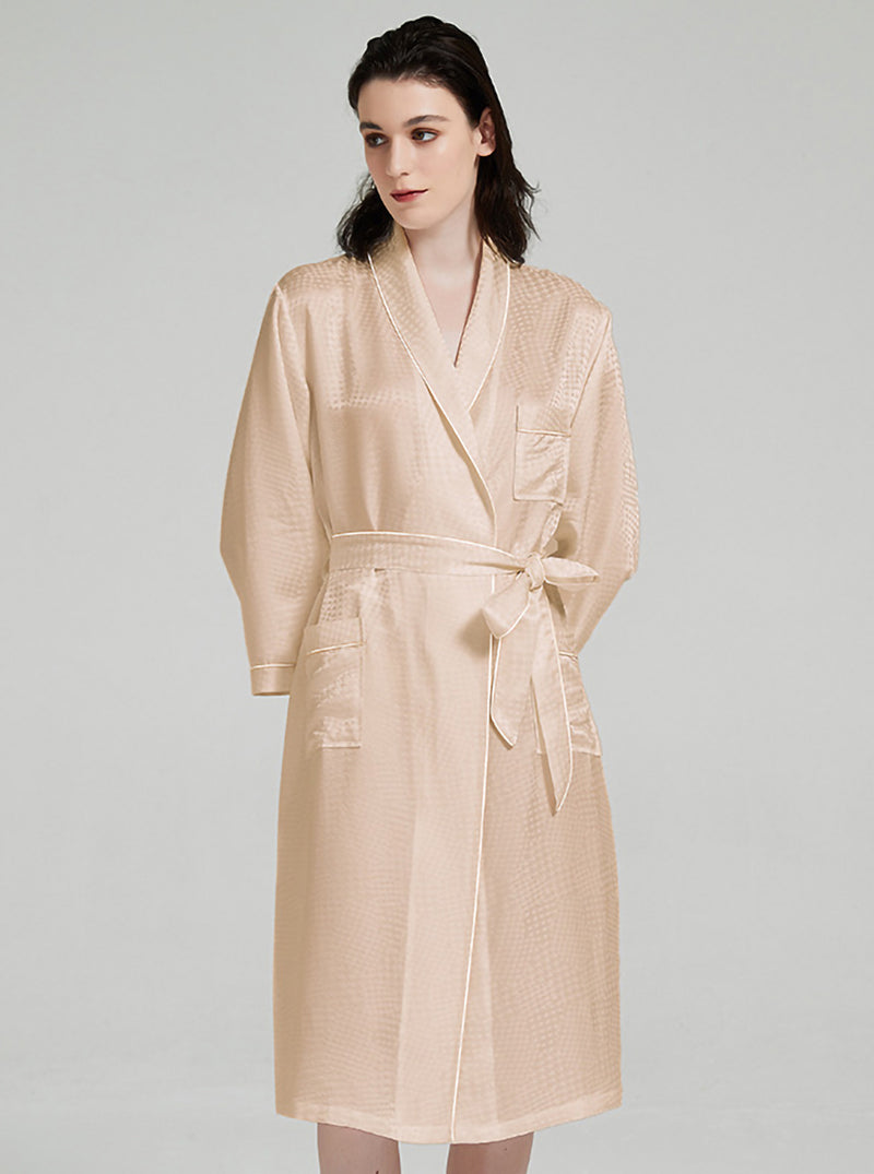 19 Momme Spring And Autumn Female Silk Small Lapel Loose Elegant Casual Belt Houndstooth Solid Color Long Sleeve Night-Robe