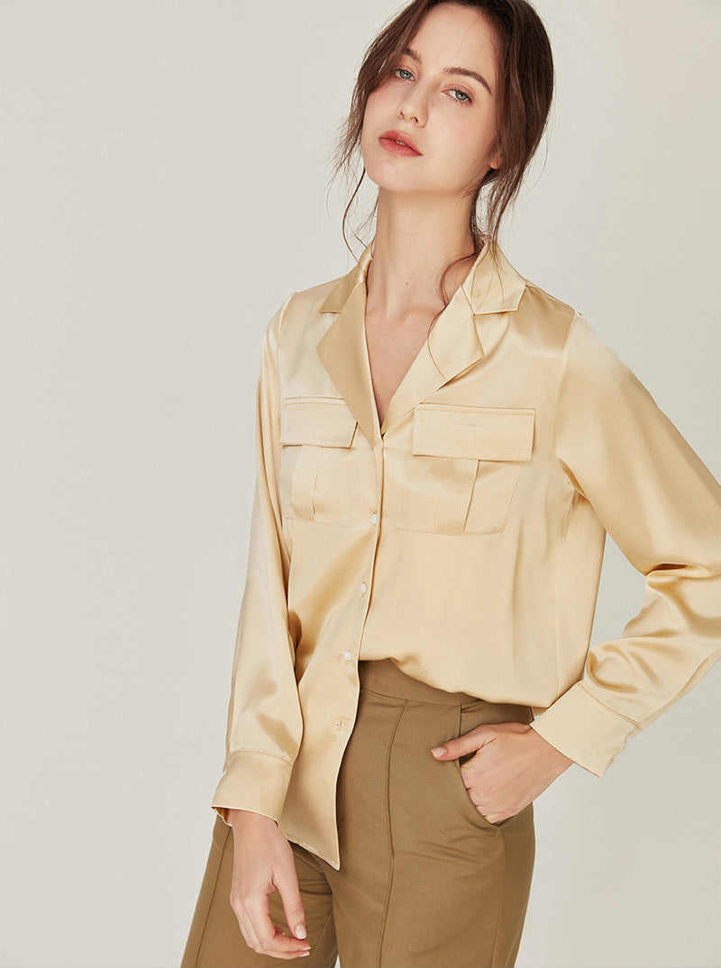 19 Momme Silk Lapel Shirt Simplicity Summer Female Can Be Worn Outdoors Long Sleeve Cool Pajamas Top