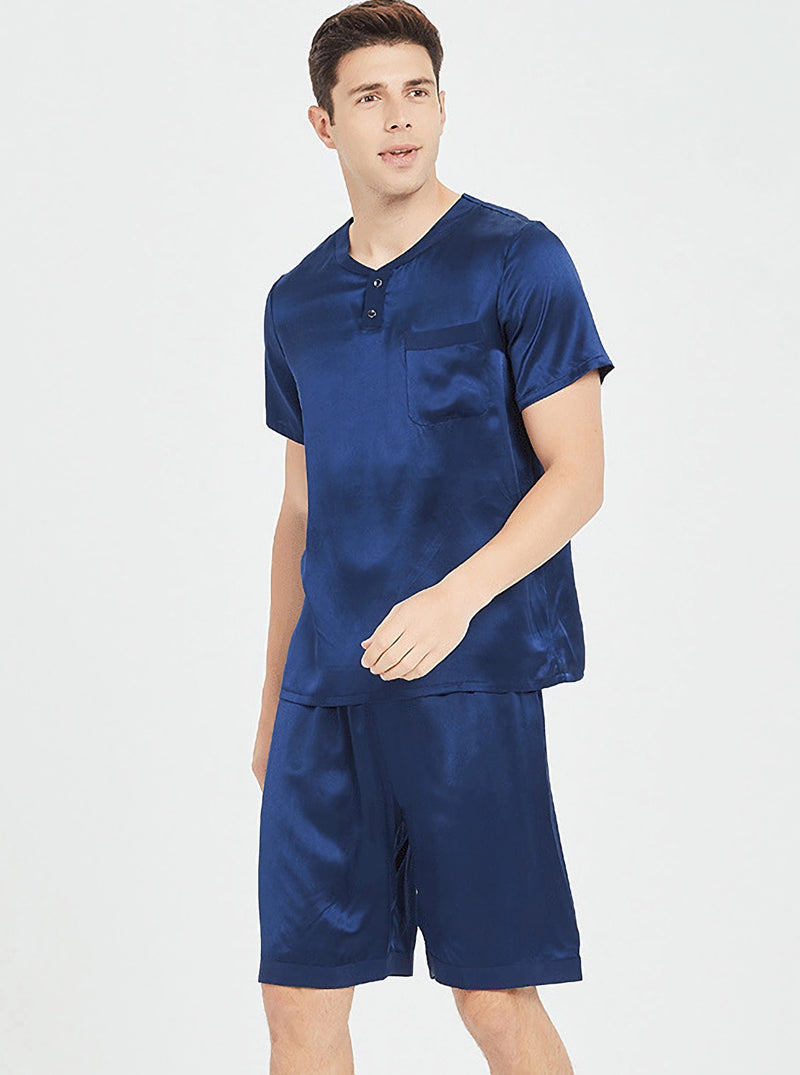 19 Momme Silk Summer Male Round Neck Casual Loose Handsome Solid Color Short-Sleeved Shorts Pajamas Two-Piece Set