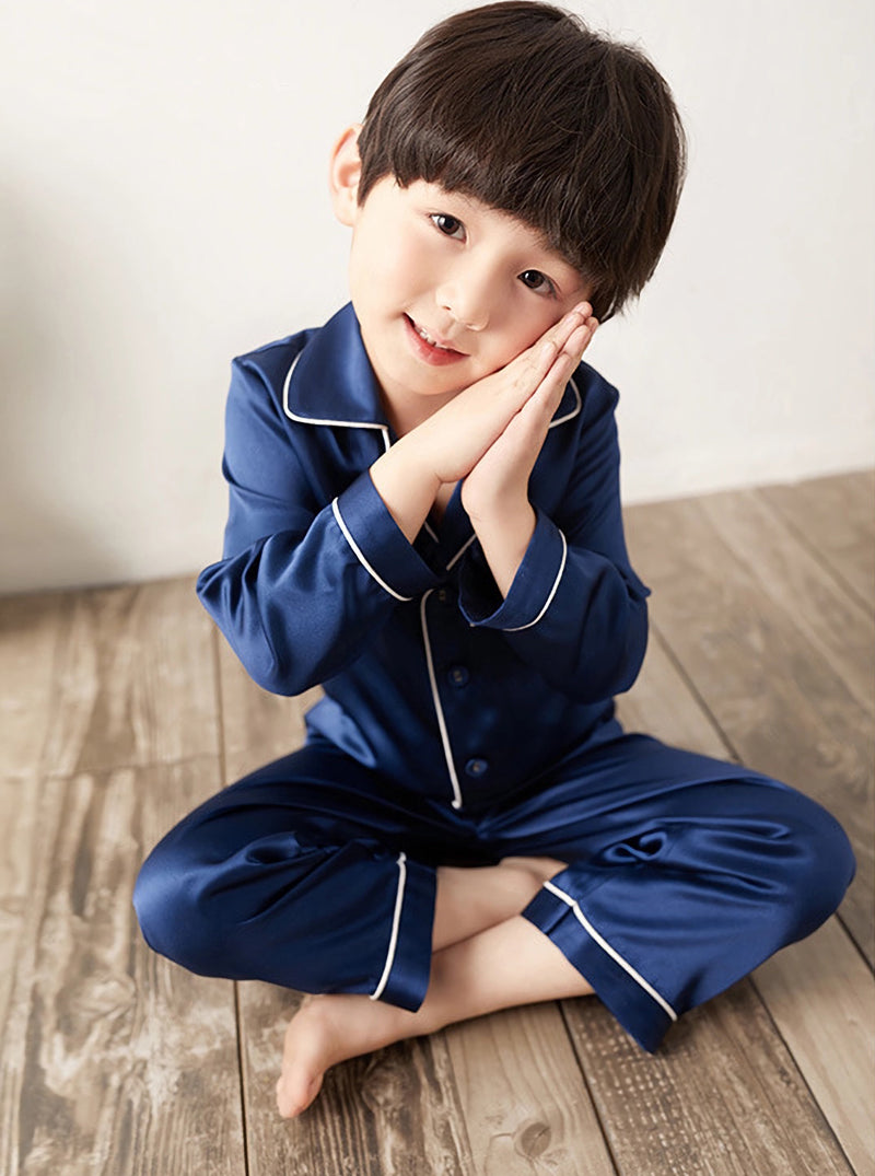 Autumn 19 Momme Silk Boys Small Lapel Casual Comfortable Soft Long-Sleeved Trousers Navy Blue Children's Pajamas Two-Piece Set