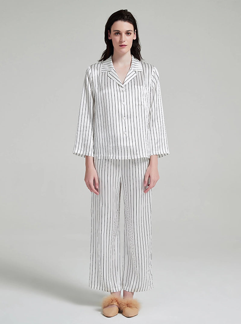 19 Momme Silk Spring Autumn Female Casual Advanced Breathable Black And White Striped Long Sleeve Pants Pajamas Two Piece Set
