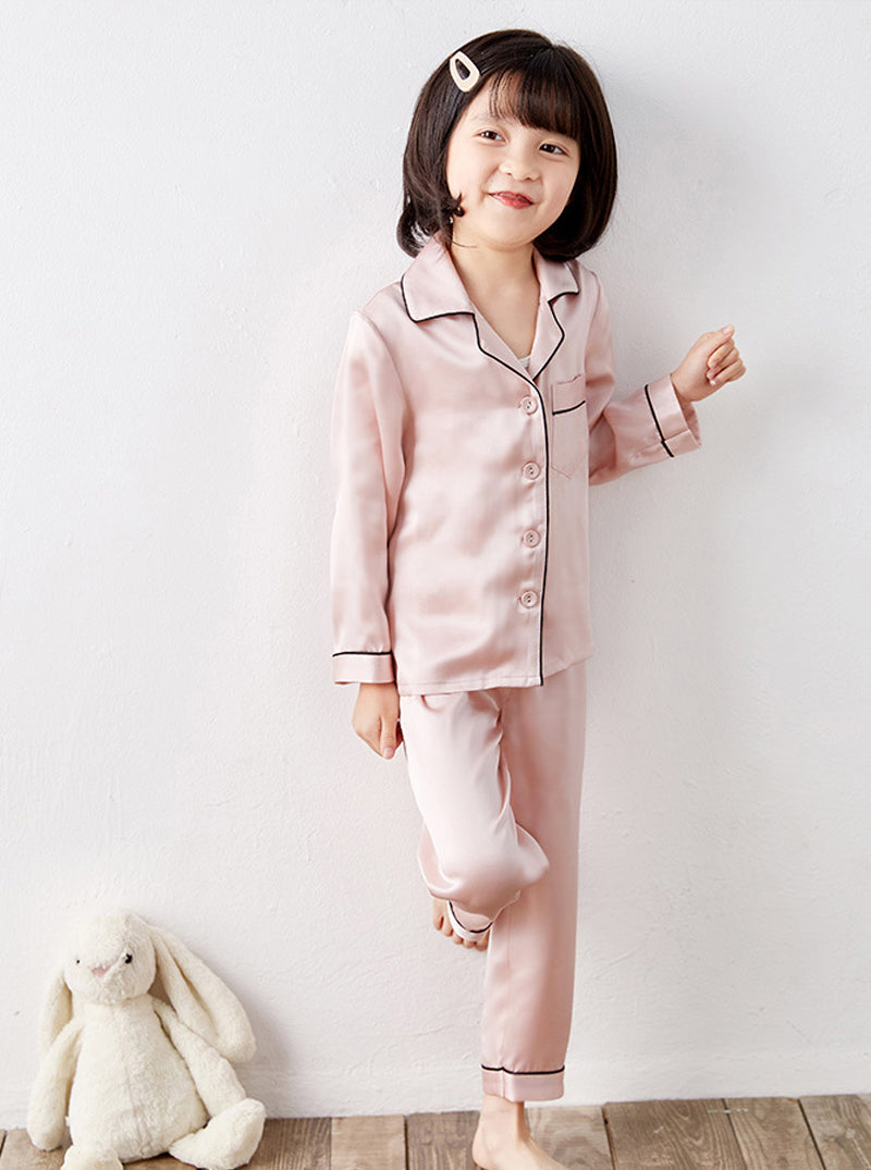 Small Lapel 19 Momme Silk Girls Autumn Cute Breathable Simple Pink Long-Sleeved Trousers Children's Two-Piece Pajamas