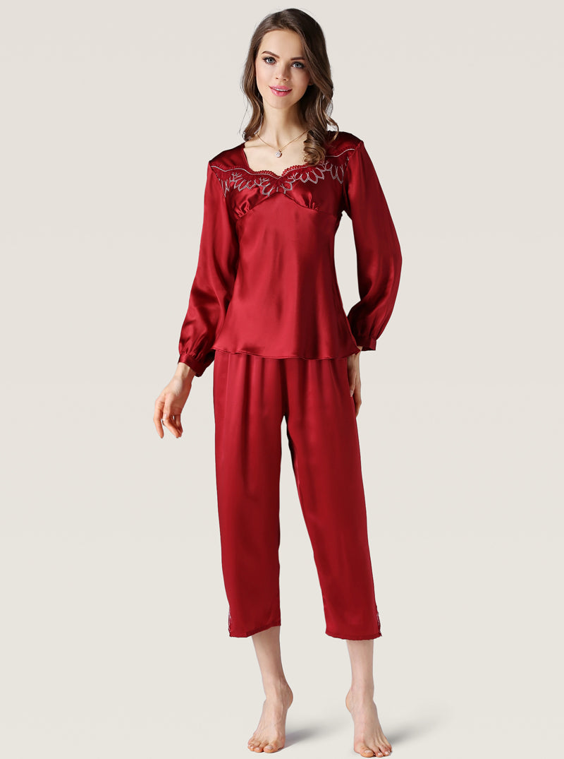 Spring Silk Female V-Neck Front Lace Elegant And Noble Solid Color Long-Sleeved Trousers Two-Piece Pajamas