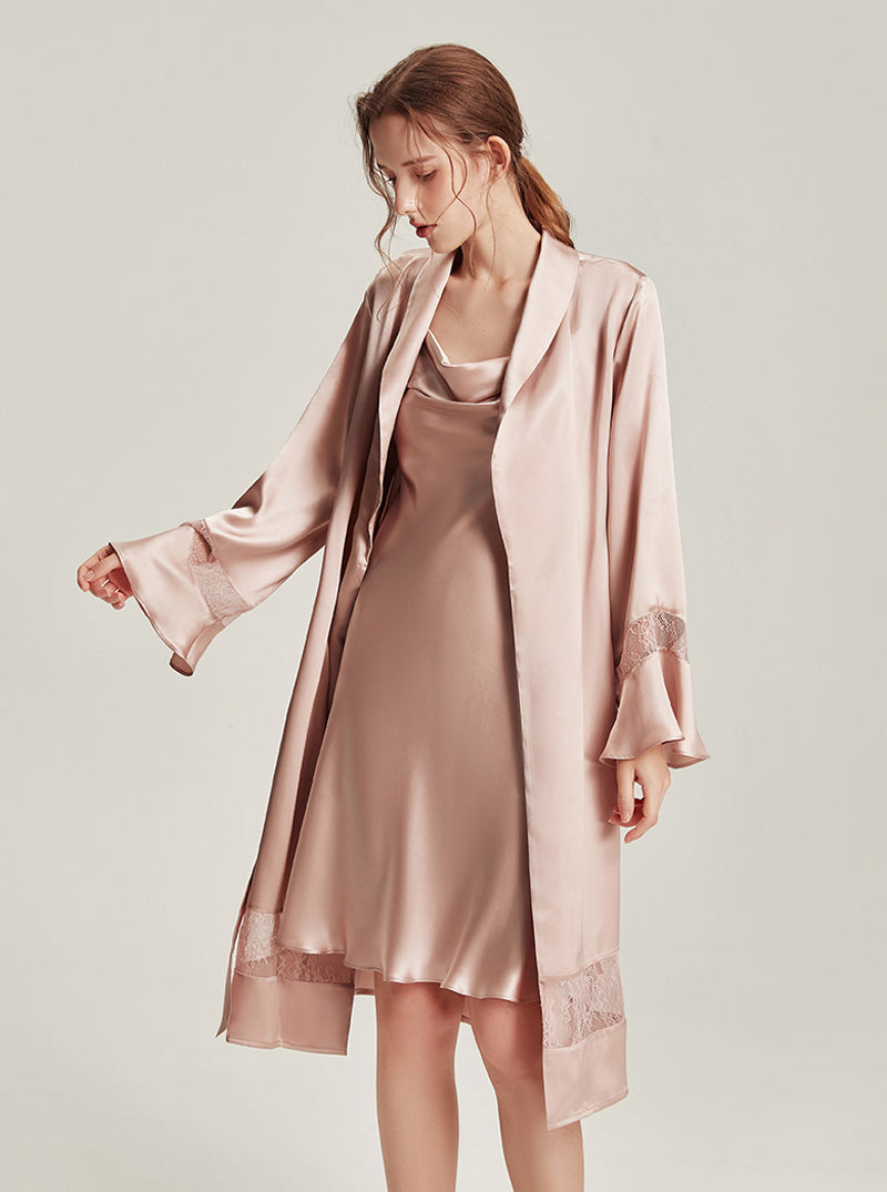 Silk Female Autumn Swing Collar Elegant Romantic Simple Soft Stitching Perspective Lace Suspender Nightdress Long-Sleeved Nightgown