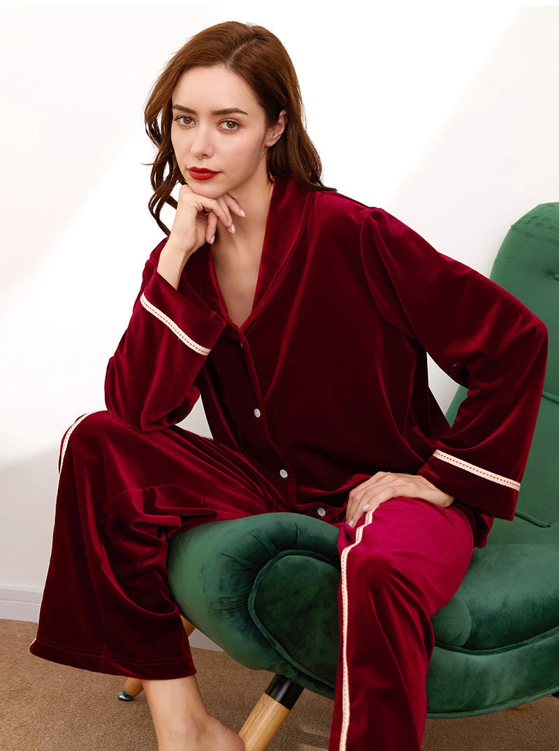 Silk Autumn And Winter Ladies Large Lapel High Fashion Retro Gentle Solid Color Long-Sleeved Two-Piece Pajamas