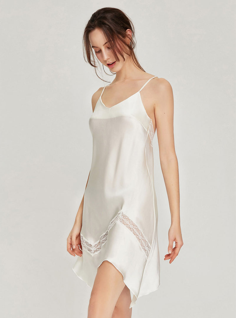 Summer Female Pure Color Slim V Collar Irregular Hollow Lace Hem Sexy Silk Cross Back Sling Nightdress