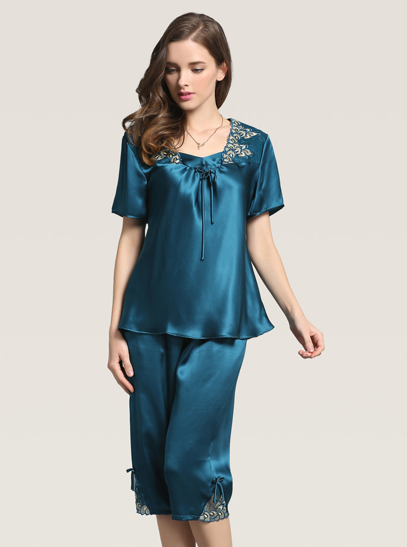 Silk Spring And Summer Female Lace Embroidery Square Collar Elegant Temperament Red Short-Sleeved Trousers Two-Piece Pajamas