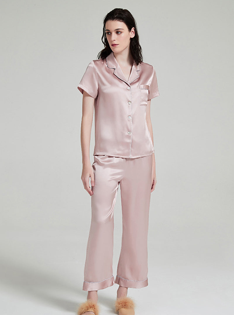 Suit Collar 19 Momme Silk Female Summer Multiple Colors Simple Classic Comfortable Short Sleeve Pants Pajamas Two Piece Set