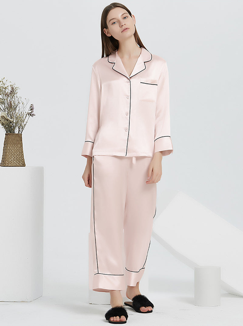 Female Autumn And Winter 22 Momme Silk Small Lapel Classic Casual Loose Solid Color Long-Sleeved Trousers Two-Piece Pajamas