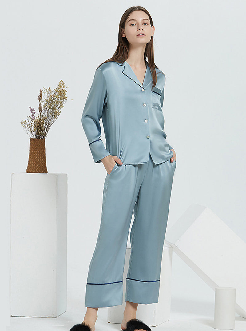 19 Momme Silk Spring And Autumn Female Shirt Collar Simple Atmosphere Fashion Casual Solid Color Long Sleeve Pants Pajamas Two Piece Set