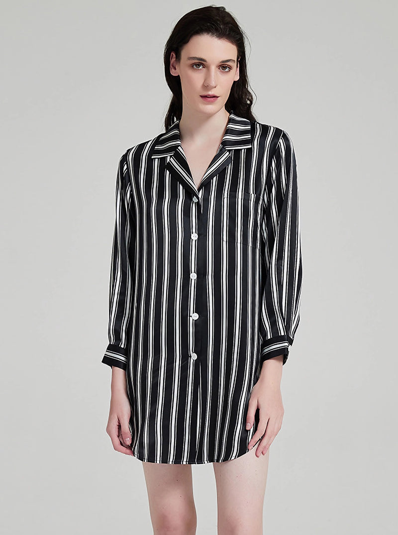 19 Momme Silk Black And White Striped Print Spring Autumn Blouse Collar Breathable Cool And Comfortable Long Sleeve Nightdress