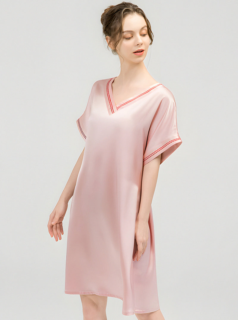 Solid Color Female Silk Summer V-Neck Premium Loose Classic Belt Short Sleeve Nightdress