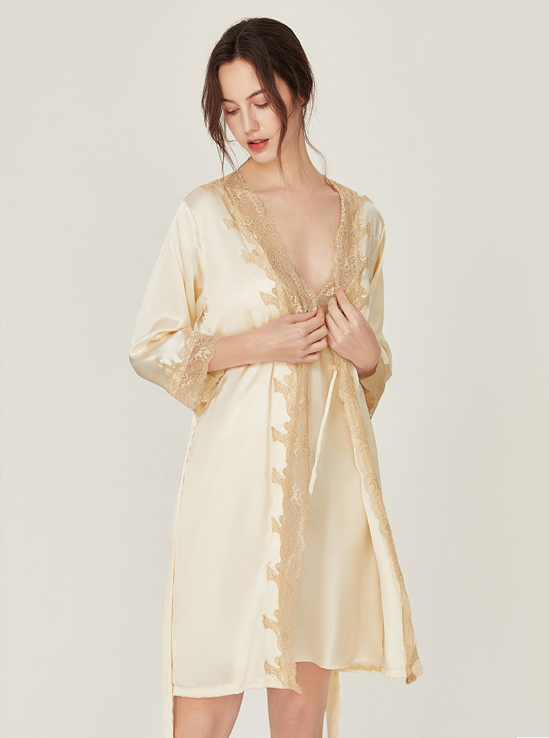 Silk Female Matching Pajamas Champagne Sexy Lace V Collar Sling Nightdress With Chest Pads And Night-Robe Set