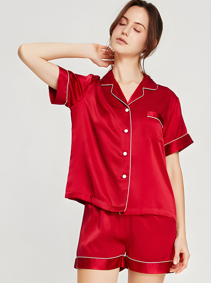 19 Momme Silk Summer Female Small Lapel Simple Fashion Versatile Multicolor Short Sleeve Button Pajamas Two-Piece Set