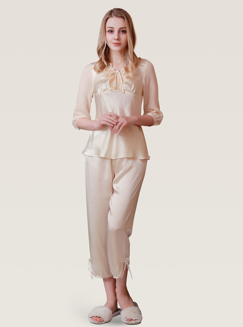 Mid-Sleeve Silk Spring And Autumn Female V-Neck Sexy Beautiful And Comfortable Lace Solid Color Pajamas Two-Piece Set