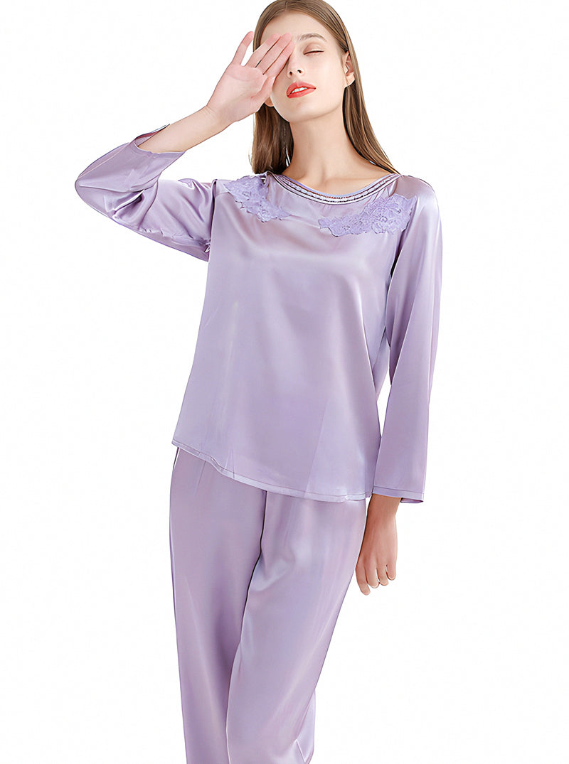Light Purple Summer Silk Ladies Round Neck Embroidery Loose Casual Simple Fashion Lavender Long Sleeve Pajamas Two Piece Set