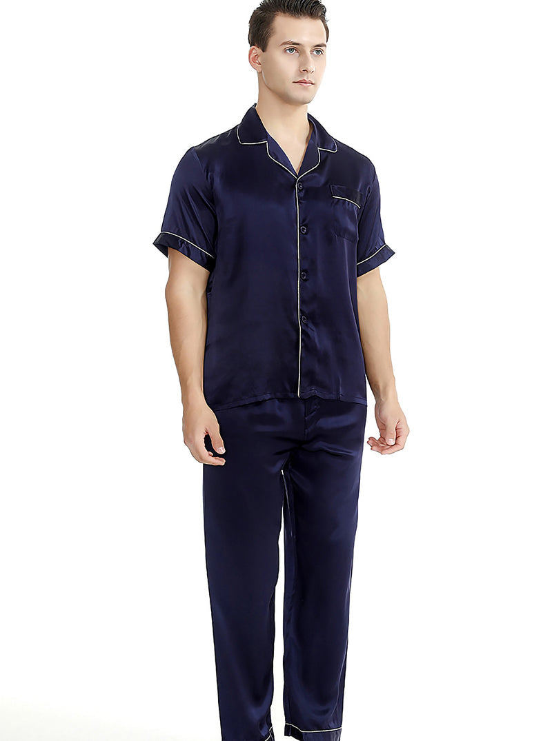 Silk Summer Couple Pajamas Sets Small Lapel Simple White Edge Short-Sleeved Trousers Pajamas Two-Piece Set