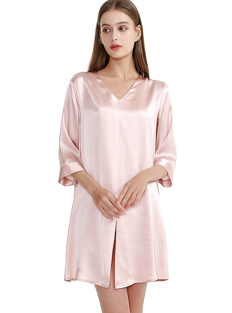 Silk Multicolor Summer Female V-Neck Sexy Casual Simple Solid Color Printed Mid-Sleeve Nightdress
