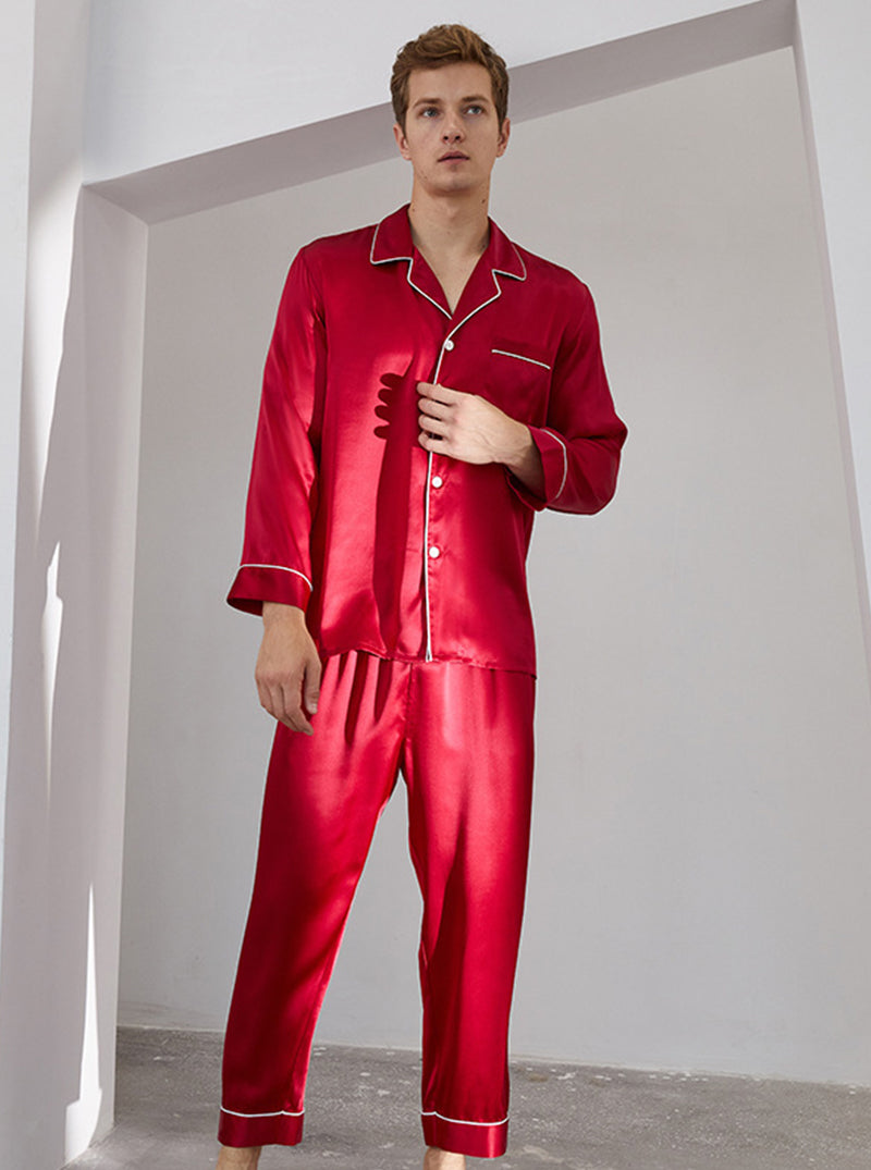 Spring And Summer 16 Momme Silk Male Small Lapel Solid Color Edge Contrast Color Line Simple Long-Sleeved Trousers Two-Piece Pajamas