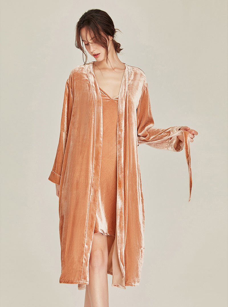 Warm Female Spring Autumn Matching Pajamas Silk Velvet Simplicity Elegant V Collar Sling Short Nightdress And Medium Length Night-Robe Set