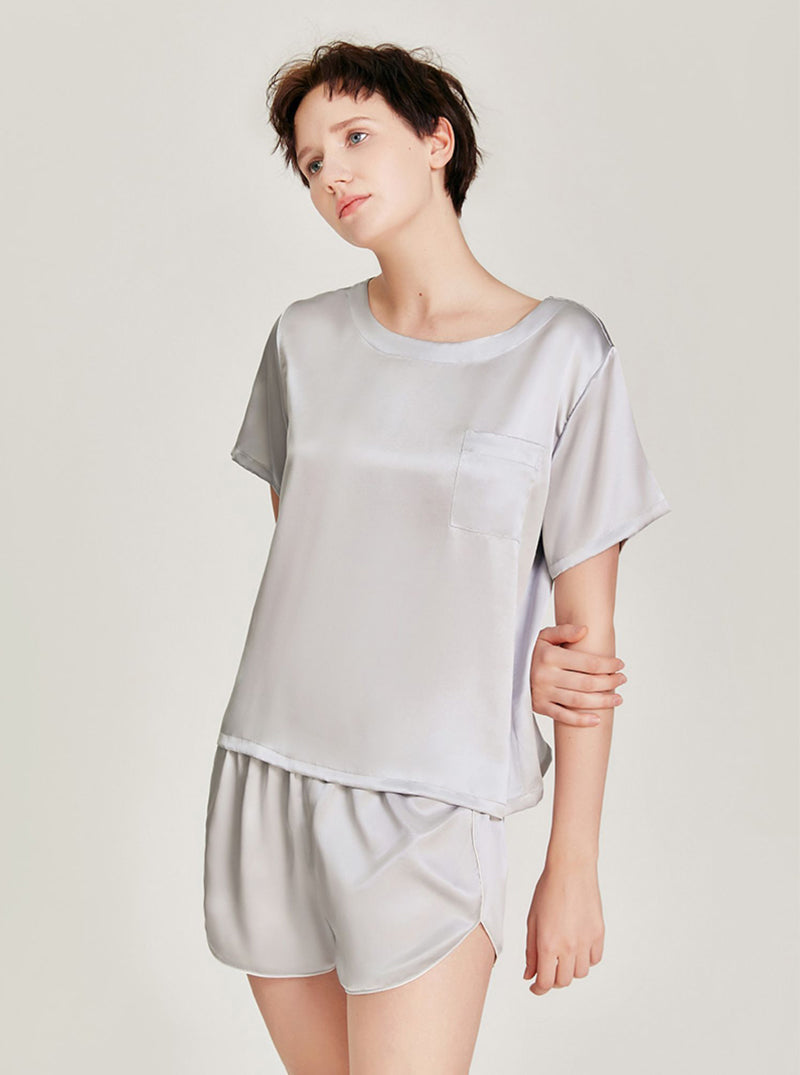 Silk Matching Pajamas Summer Small Pocket Decoration Round Collar Short Sleeve T-shirt Shorts Comfortable Two-Piece Set Female