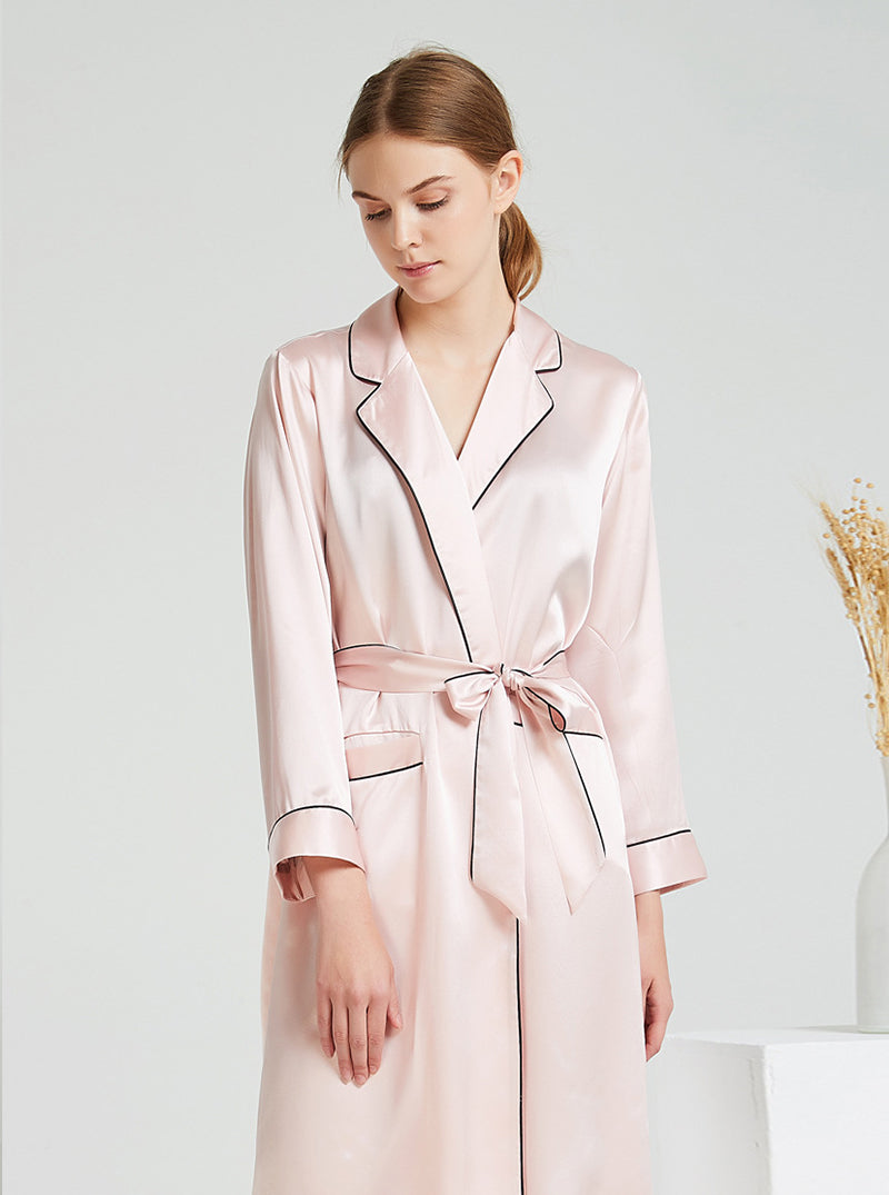Female 19 Momme Spring Long Sleeve Suit Collar Elegant Classic Simple Generous Belt Pink Skin Tone Robe