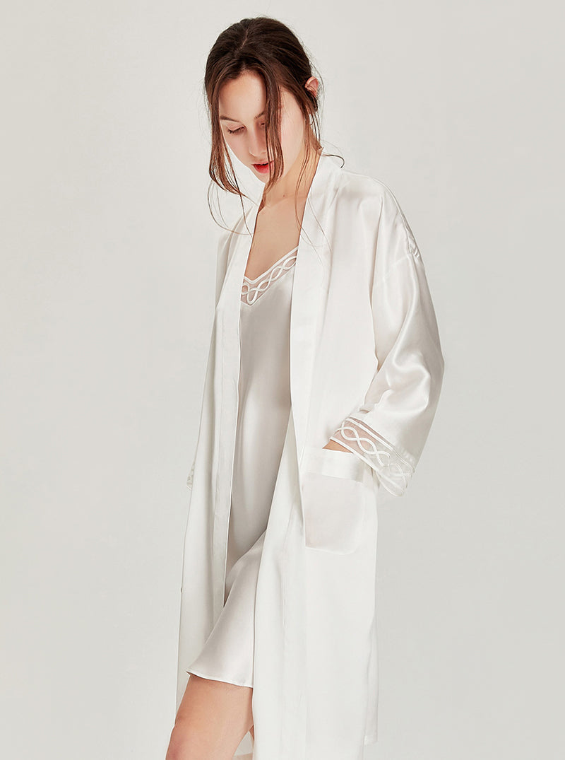 Solid Color Silk Autumn And Winter Female Lace V-Neck Sexy Luxury Soft Long-Sleeved Nightgown Suspenders Nightdress Two-Piece Set