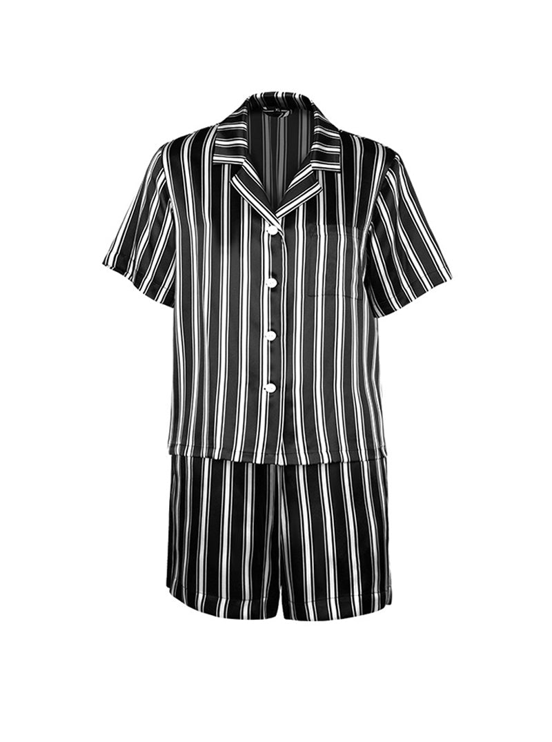 Male Summer 19 Momme Silk Shirt Collar Loose Temperament Black And White Striped Print Short-Sleeved Shorts Two-Piece Pajamas