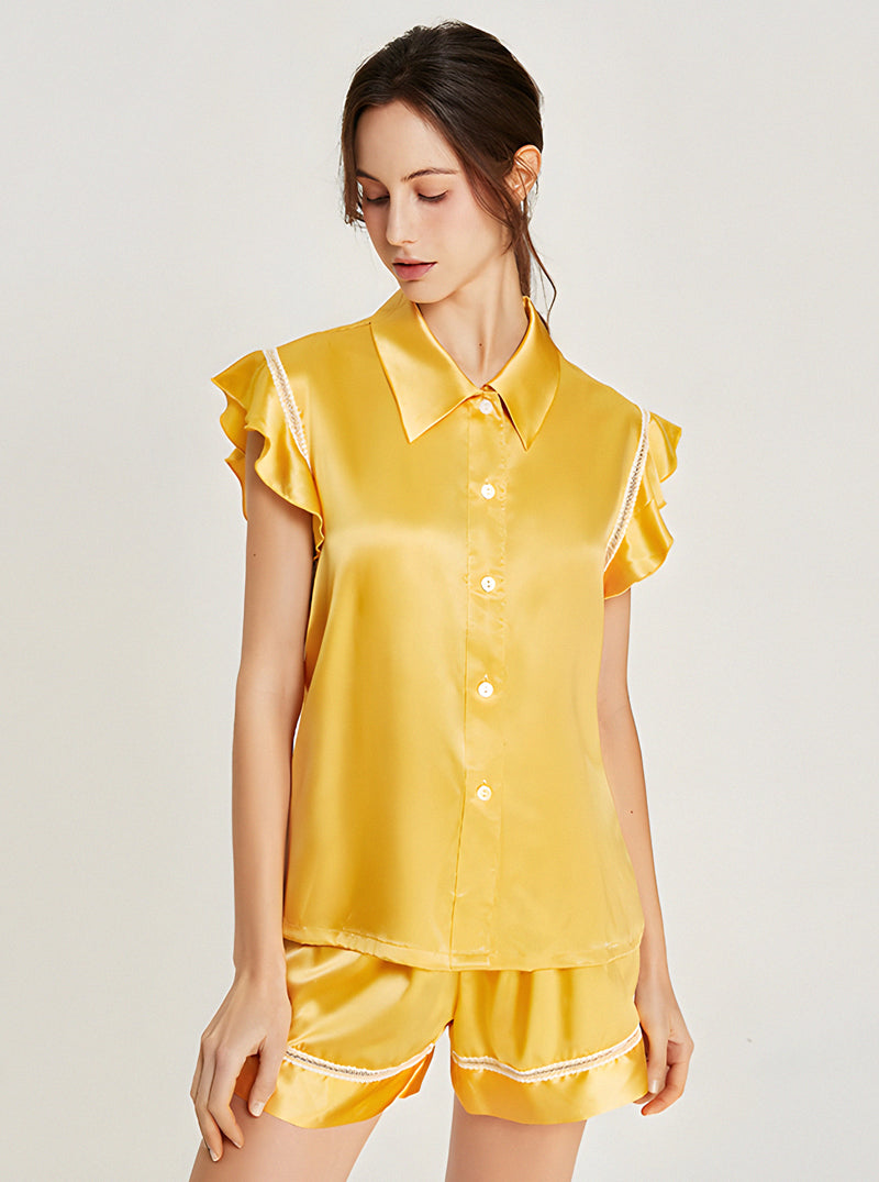 Silk Matching Pajamas Female Summer Simplicity Shirt Collar Lapel Lace Hollow Splicing Ruffle Small Flying Sleeve Top Shorts Two-Piece Set