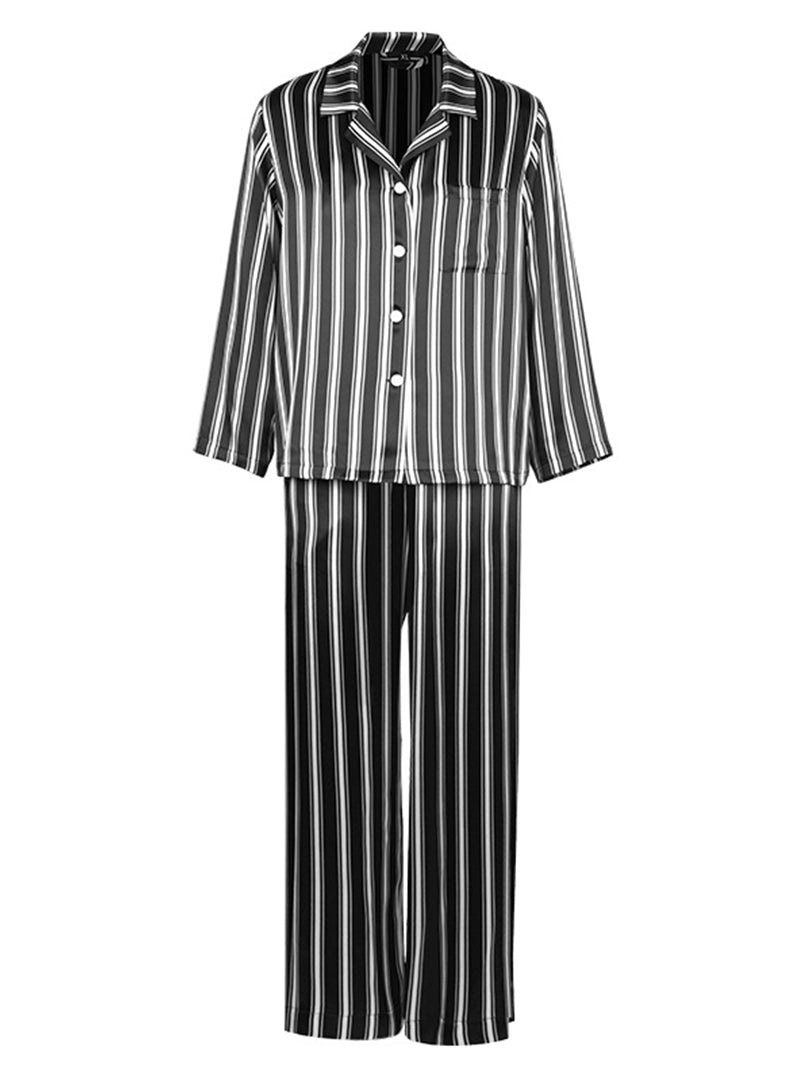 19 Momme Silk Spring Autumn Male Shirt Collar Black and White Striped Print Casual Long Sleeve Pants Pajamas Two Piece Set