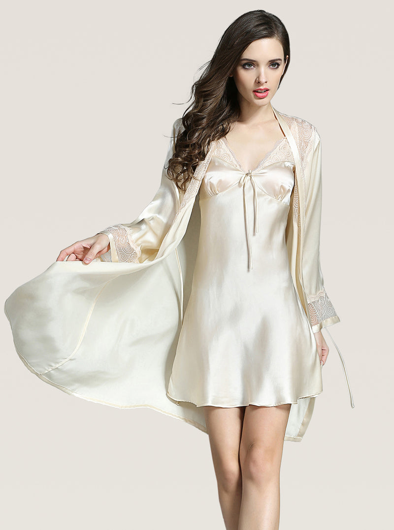 Spring And Summer Perspective Lace Silk Female V-Neck Chest Tie A-Line Version Sexy And Elegant Solid Color Suspender Nightdress Long-Sleeved Nightgown