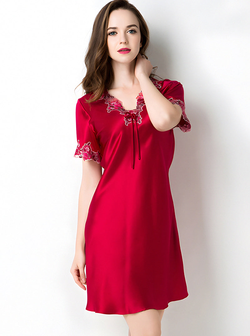 Silk Summer Female Lace Stitching V-Neck Sexy High-End Luxury Casual Solid Color Short-Sleeved Nightdress