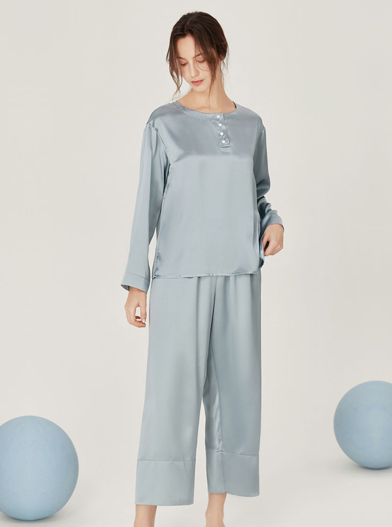 Silk Spring Summer Simplicity Round Collar Matching Pajamas Small Split Hem Long Sleeve Two-Piece Set Female