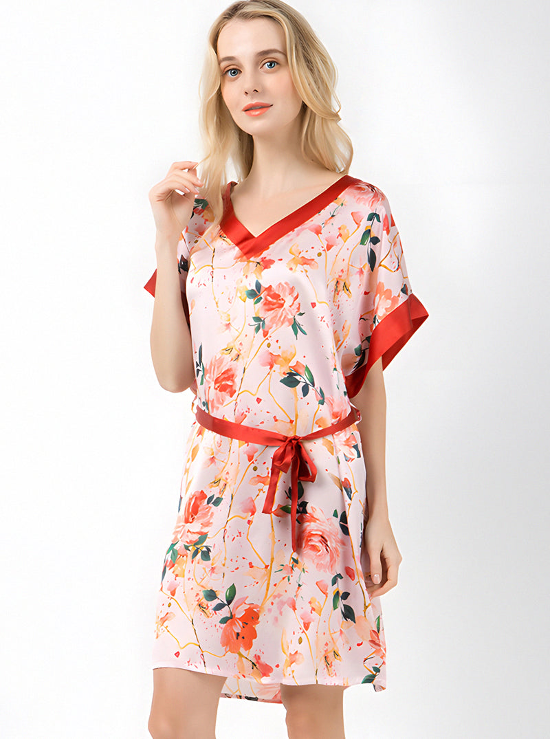 Printed Summer Ladies Silk V-Neck Elegant Luxurious Noble Simple Short Sleeve Belt Nightdress