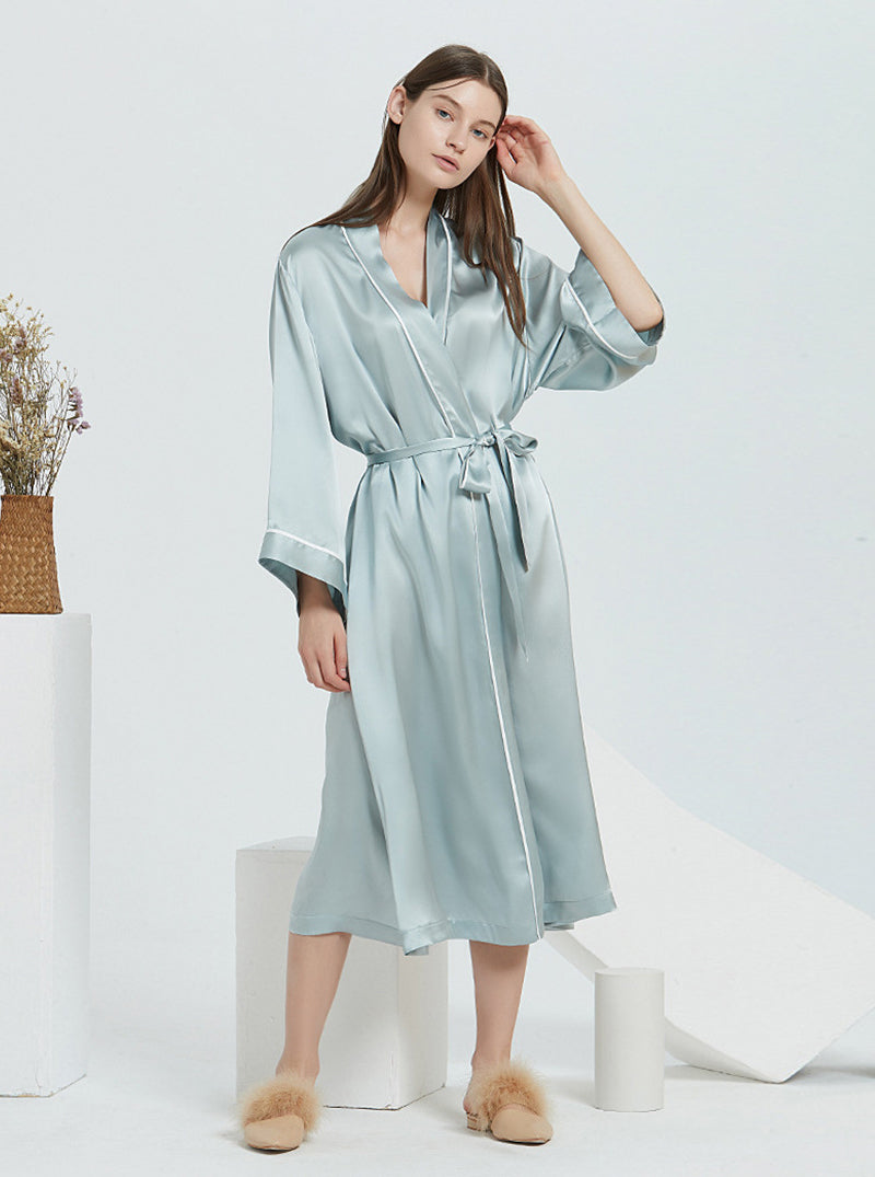 Plain Crepe Satin Spring And Autumn Female Loose Casual Breathable Belt Mint Green Long Nightgown