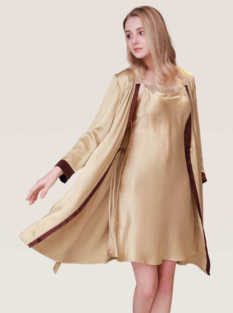 Silk Spring And Summer Sexy V-Neck Contrast Color Female Solid Color A-Line Version Slim Suspender Nightdress Long-Sleeved Night-Robe