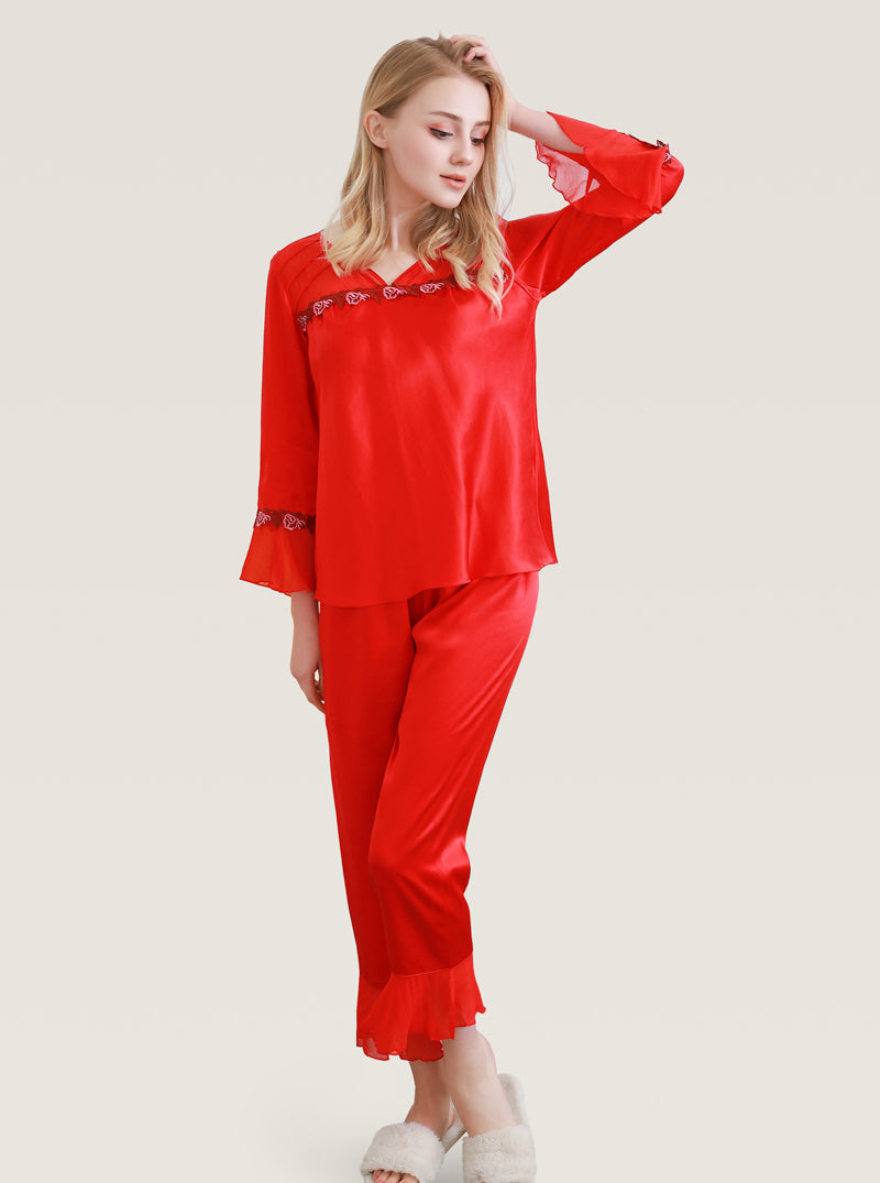 V-Neck Silk Spring And Autumn Female Flower Embroidery Stitching Elegant And Dignified Comfortable Red Long-Sleeved Pajamas Two-Piece Set
