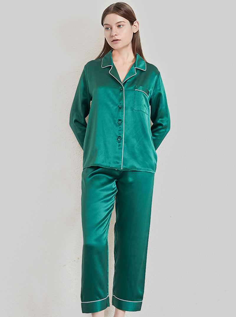 19 Momme Silk Spring And Autumn Female Suit Collar Simple Intellectual Elegant Long-Sleeved Trousers Multi-Color Pajamas Two-Piece Set